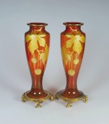 【BACCARAT】バカラ　プラタナス文金彩朱色花瓶一対