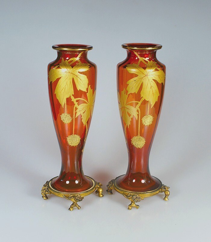 【BACCARAT】バカラ　プラタナス文金彩朱色花瓶一対