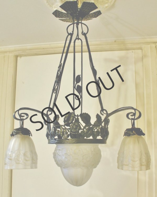 画像3: アールデコの花文4灯式シャンデリア (3)