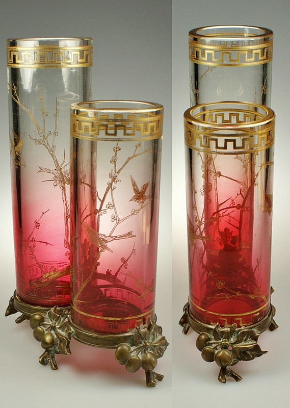 画像2: 【BACCARAT】バカラ　花鳥文二連筒型花器 (2)
