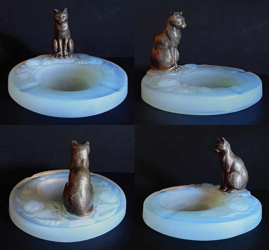 画像2: ブロンズの猫付きオパルセントガラスの灰皿 (2)